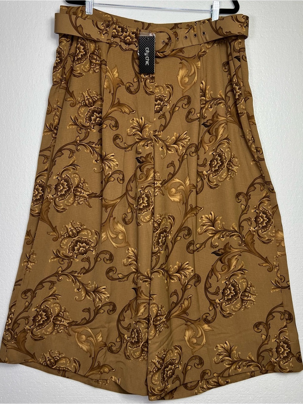 City Chic Evangeline Wide Leg Pants Bronze Floral Baroque Belted size 18 NWT